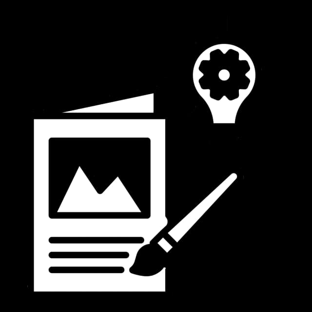 Visualisierung für Deckblatt Bewerbung: Stilisiertes Dokument mit Bild, Pinsel und Glühbirne mit Zahnrad symbolisieren kreative Gestaltung und professionelles Design für einen überzeugenden ersten Eindruck in der Bewerbungsmappe