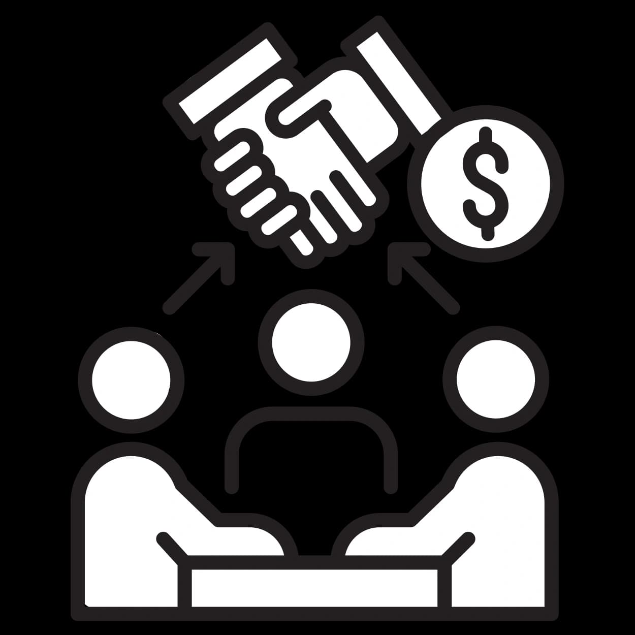 Gehaltsverhandlung Illustration mit drei Strichfiguren am Besprechungstisch, darüber ein Handschlag und Dollarzeichen als Symbol für professionelle Gehaltsvereinbarung im Geschäftskontext