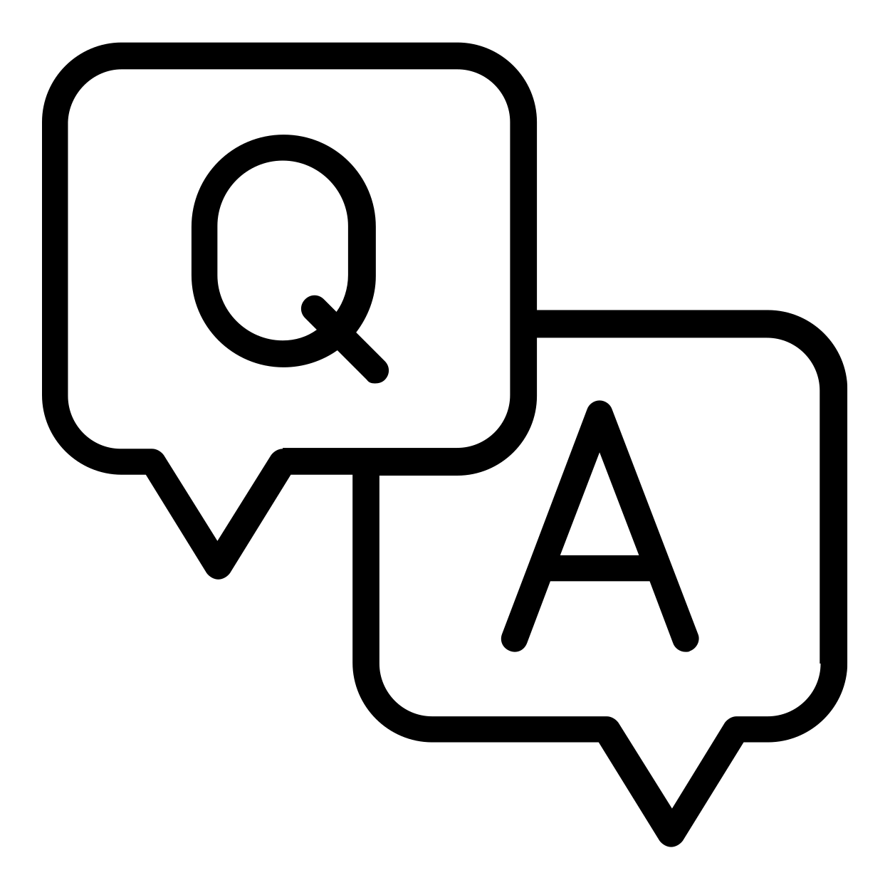 Frage-und-Antwort-Symbol mit zwei Sprechblasen: eine mit dem Buchstaben Q für Fragen und eine mit dem Buchstaben A für Antworten, dargestellt als minimalistisches Icon