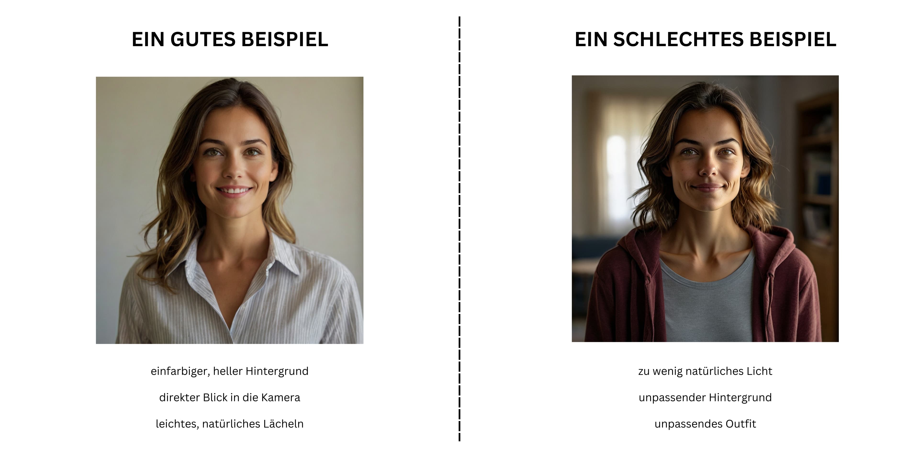 Bewerbungsfoto selber machen Vergleich: Links gutes Beispiel mit hellem Hintergrund, direktem Blick und natürlichem Lächeln; rechts schlechtes Beispiel mit ungünstiger Beleuchtung, unpassendem Hintergrund und Outfit