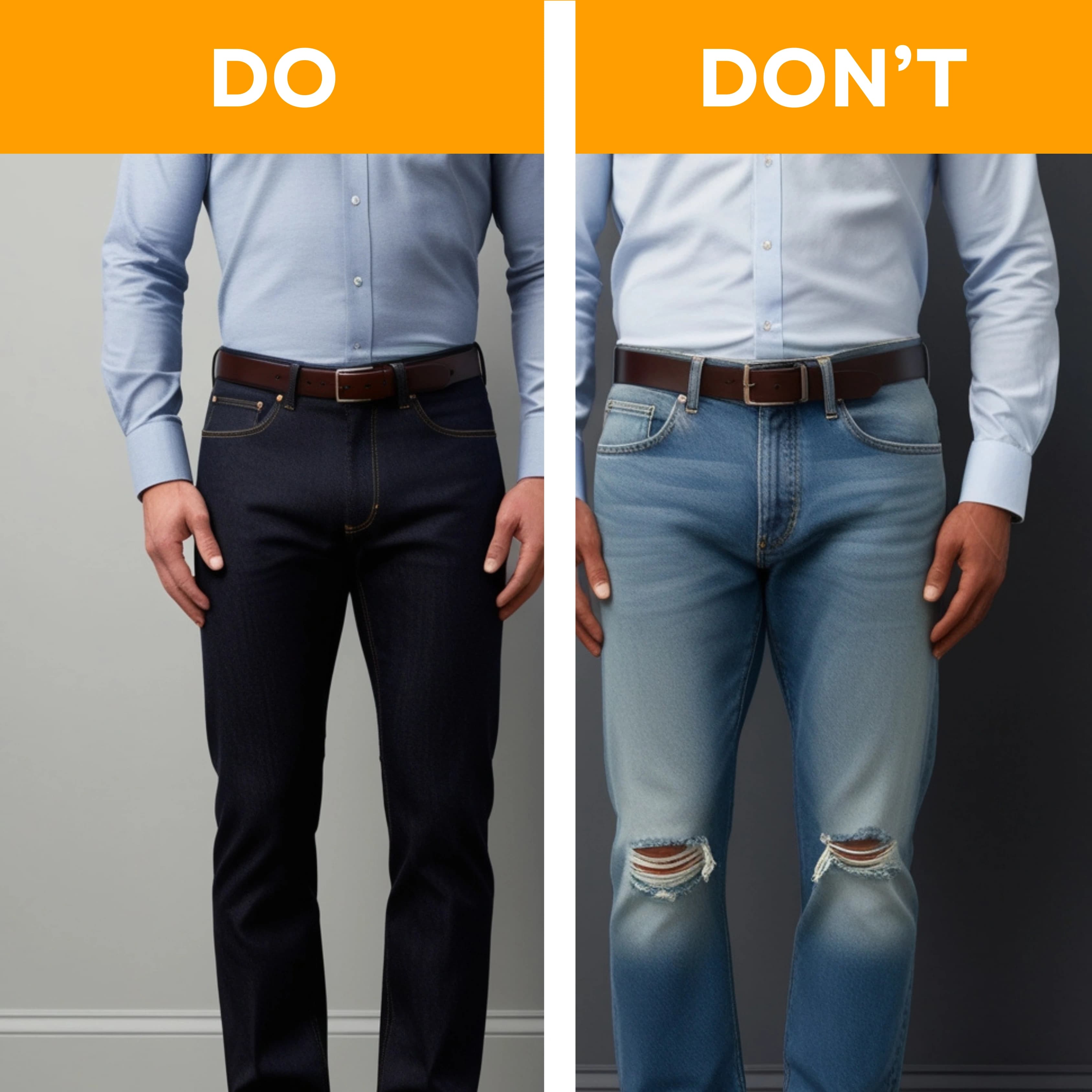 Jeans im Vorstellungsgespräch: Links passende dunkle Jeans mit hellblauem Hemd und braunem Ledergürtel als korrekte Wahl, rechts unpassende helle zerrissene Jeans mit weißem Hemd als Negativbeispiel für Bewerbungsgespräche