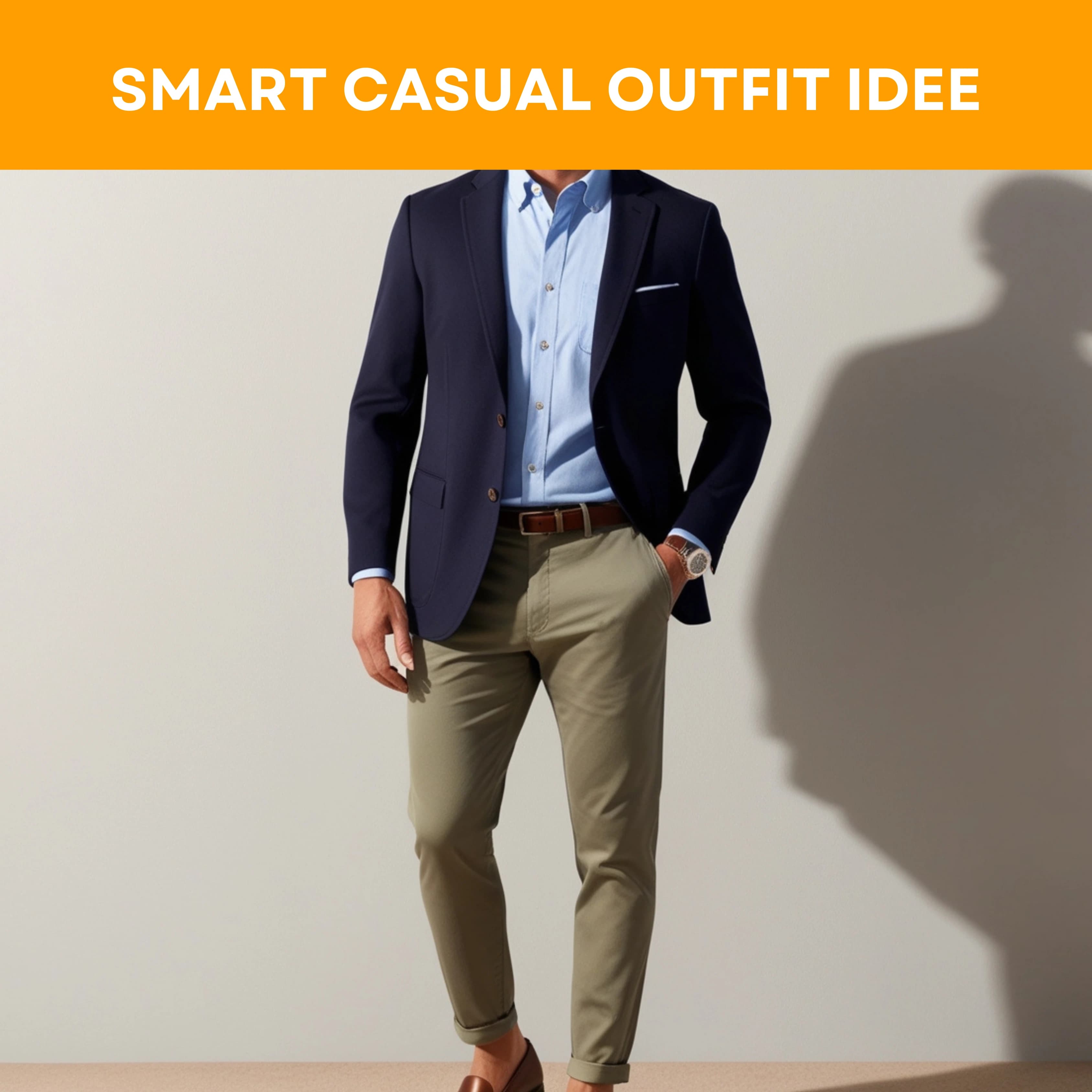 Smart Casual Outfit Idee für Herren: Eleganter Look mit marineblauem Blazer, hellblauem Hemd, beiger Chino-Hose, braunem Ledergürtel und Armbanduhr - perfekt für Business-Casual und Vorstellungsgespräche