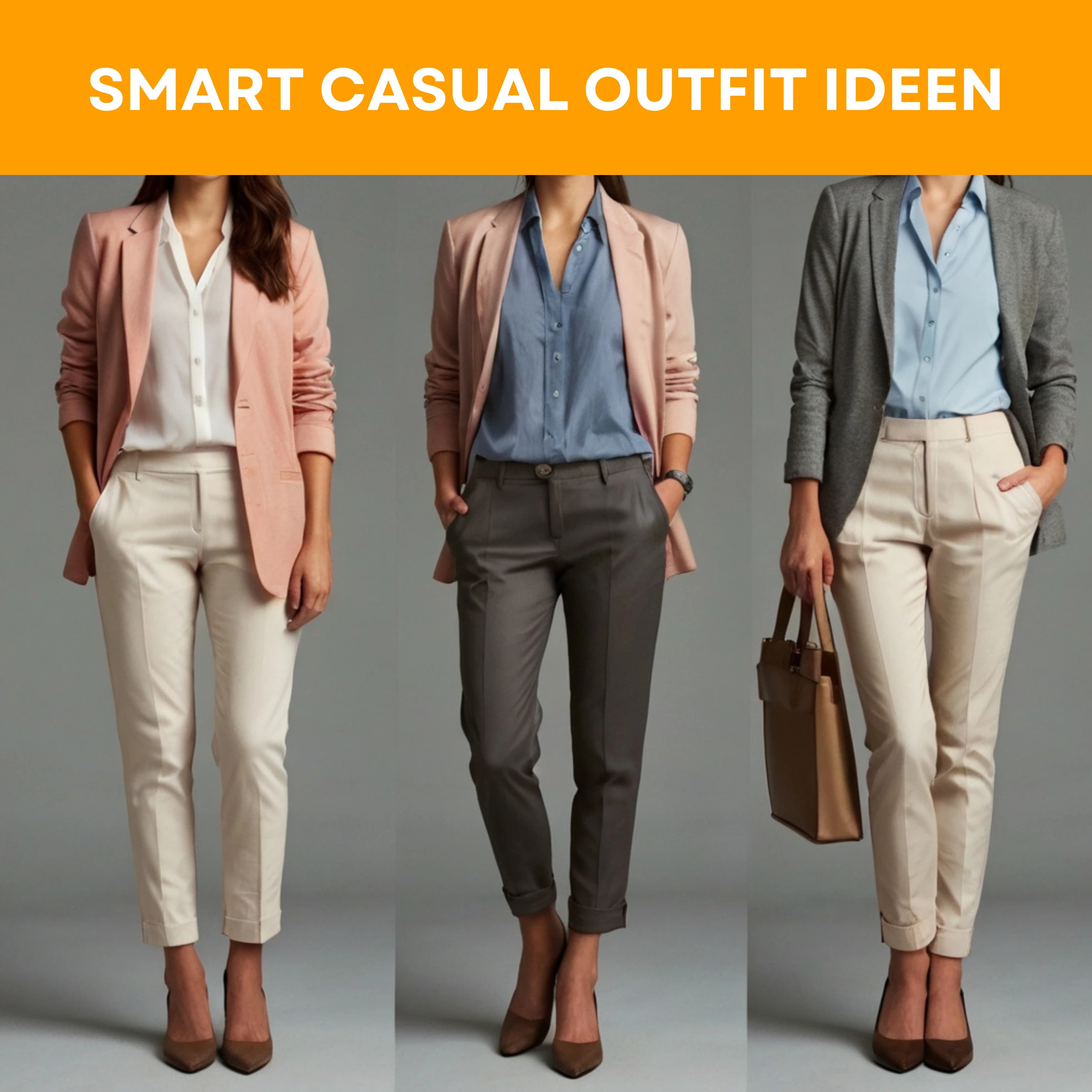 Smart Casual Outfit Ideen für Damen: Drei stilvolle Business-Looks mit Blazern in Rosa und Grau, eleganten Blusen in Weiß und Blau, passenden Stoffhosen und braunen Pumps - perfekt für moderne Büro-Outfits im Jahr 2025