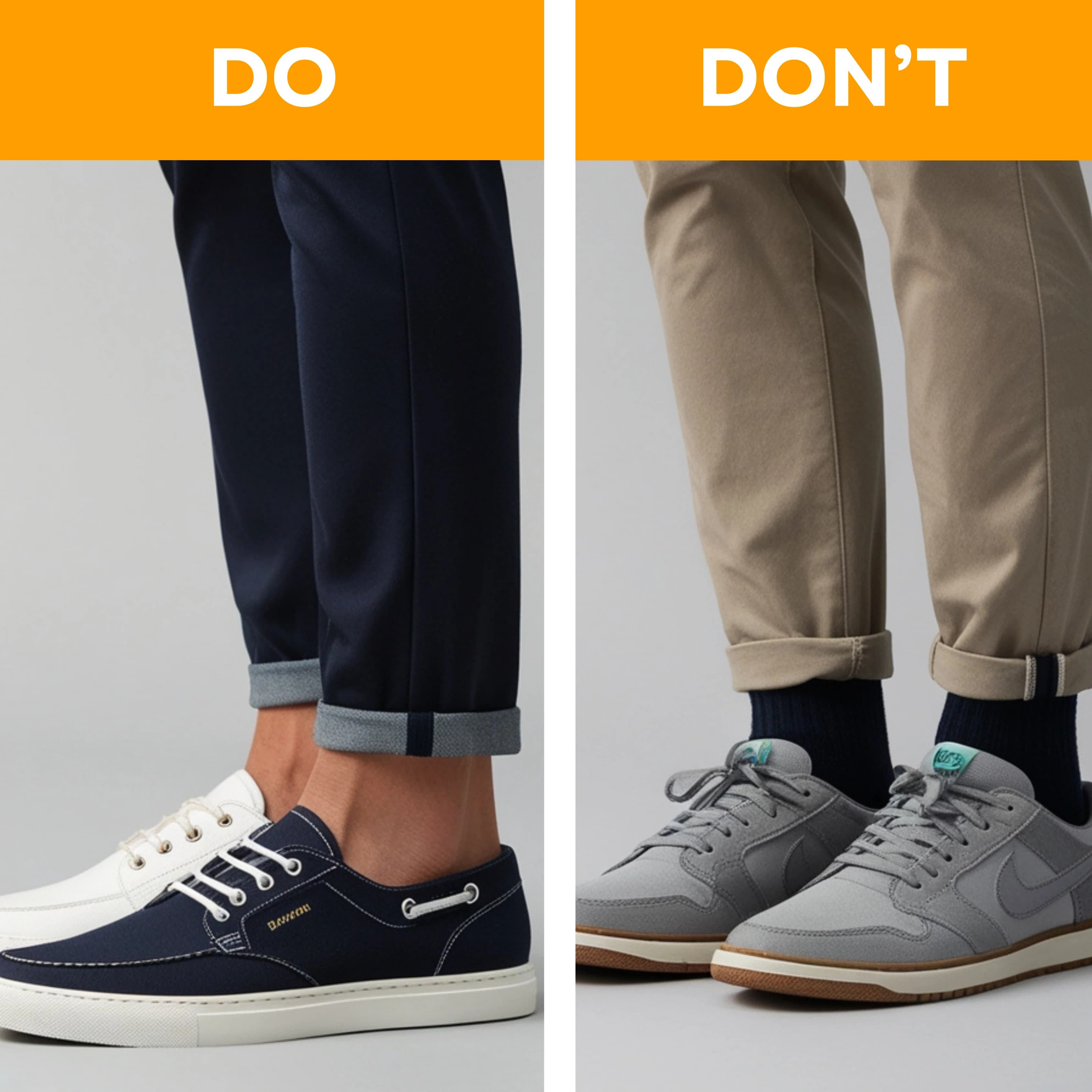 Sneakers im Vorstellungsgespräch Outfit Dos and Don’ts: Links korrekter Stil mit marineblauer Hose und passenden Bootsschuhen ohne Socken, rechts falscher Stil mit hochgekrempelter Chino und Sportschuhen mit sichtbaren schwarzen Socken