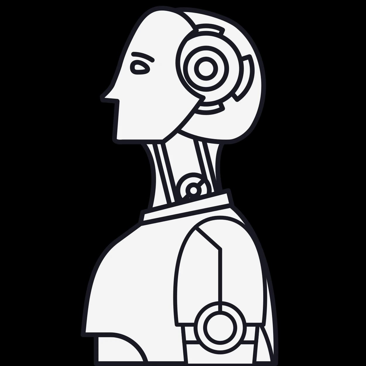 Minimalistische Illustration eines humanoiden Roboters im Seitenansicht-Profil mit Kopfhörern und technischen Elementen. Symbolisiert den Einsatz von Künstlicher Intelligenz im Bewerbungsprozess als Feature-Bild für den Blogbeitrag 'Bewerbung mit KI'