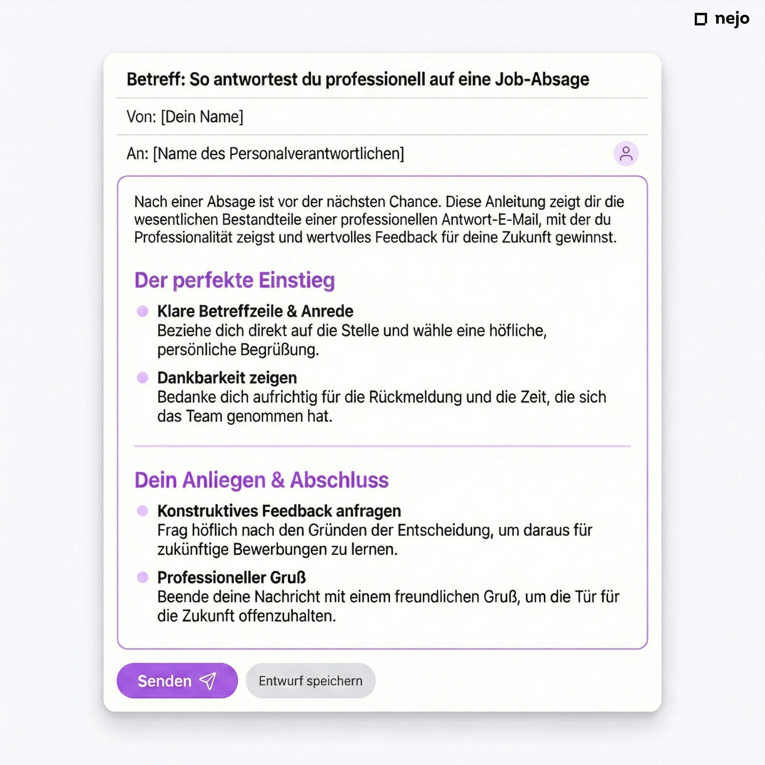 E-Mail-Interface mit professioneller Antwort auf eine Bewerbungsabsage