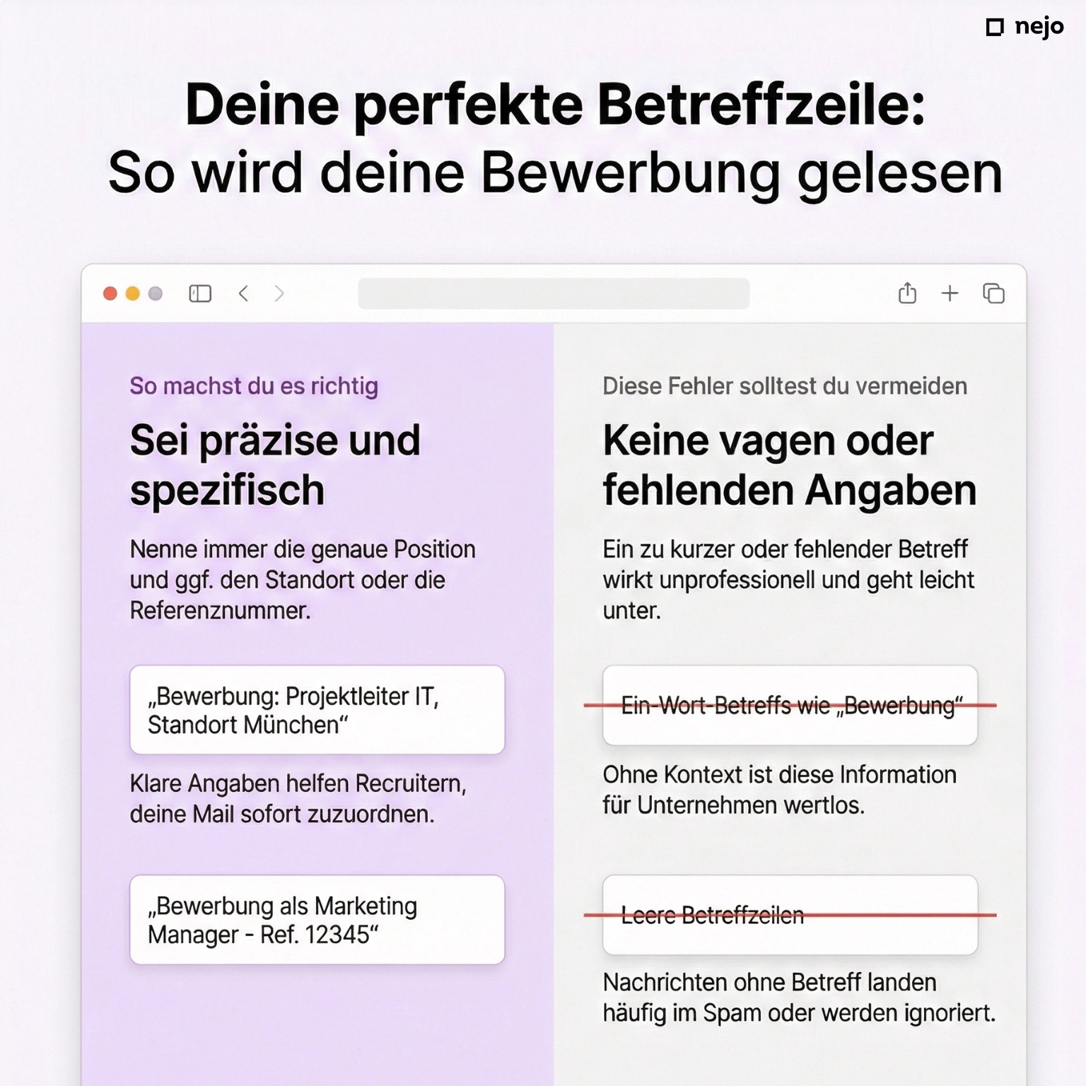 E-Mail-Kopfzeile mit markierter Betreffzeile für eine Bewerbung