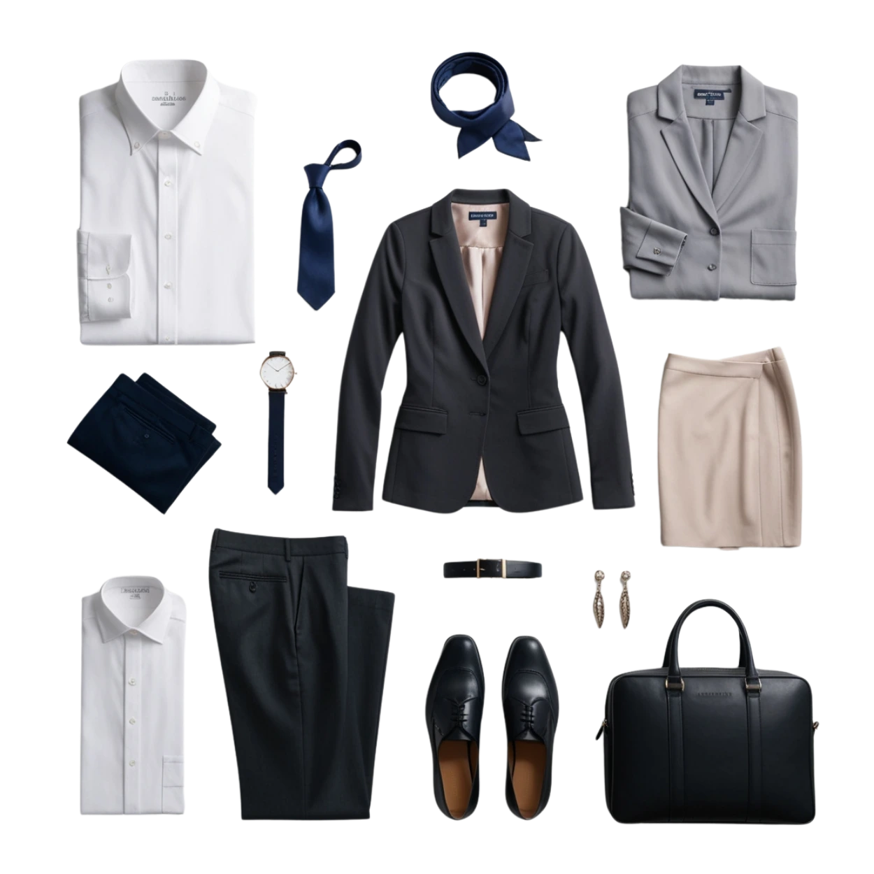 Professionelle Vorstellungsgespräch Outfits 2026: Elegante Business-Garderobe mit weißem Hemd, marineblauer Krawatte, schwarzem Blazer, grauem Blazer, beigem Rock, schwarzer Hose, Uhr, Gürtel, Schuhen, Tasche und Accessoires für Damen und Herren