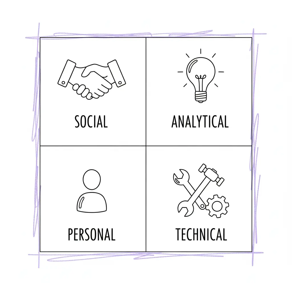 Vier Kategorien von Stärken: soziale, analytische, persönliche und fachliche Kompetenzen