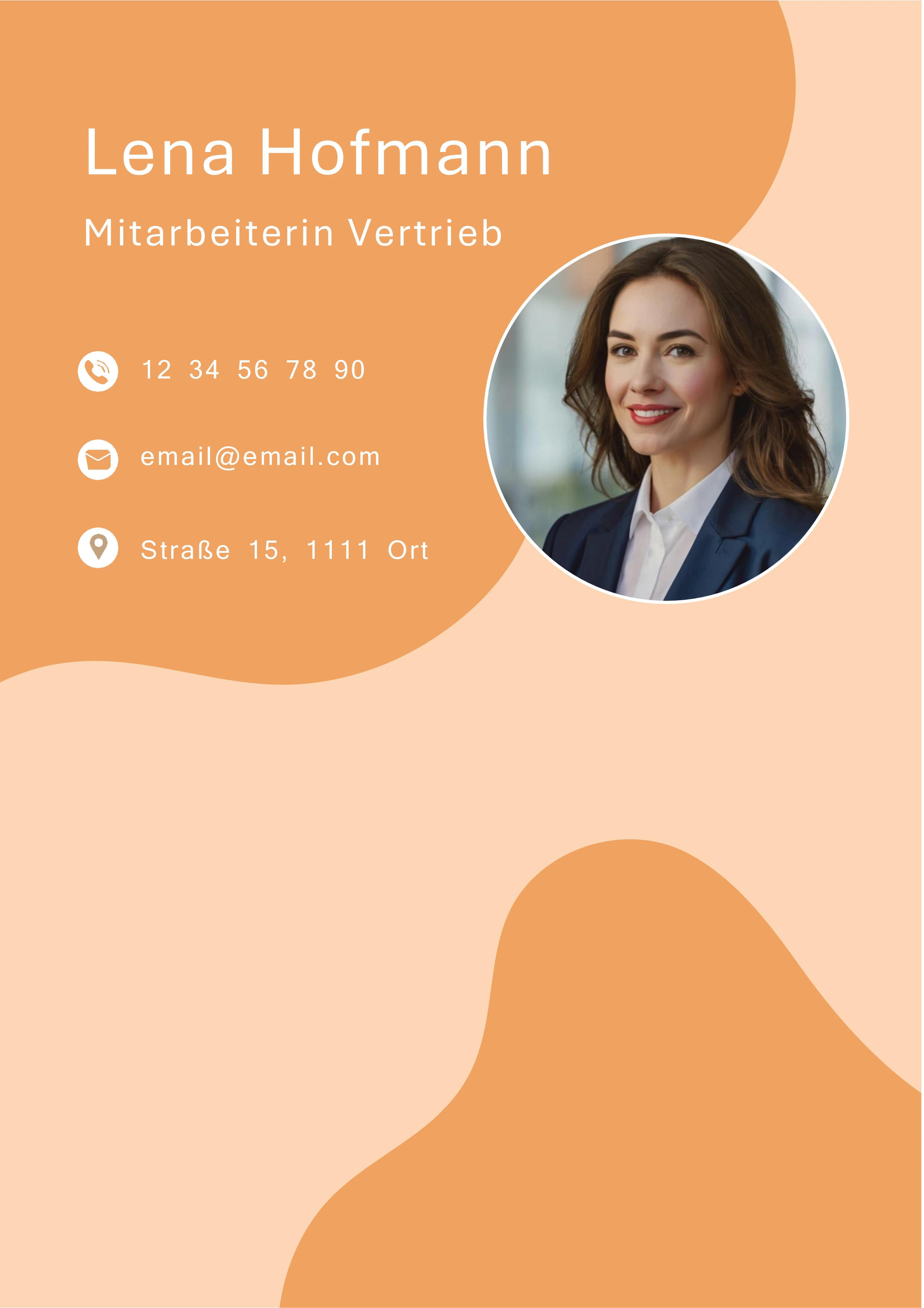 Deckblatt-Bewerbungsvorlage mit warmen orangefarbenen Flächen, rundem Profilbild und übersichtlich angeordneten Kontaktdaten – ideal für den Vertrieb und kundennahe Positionen.