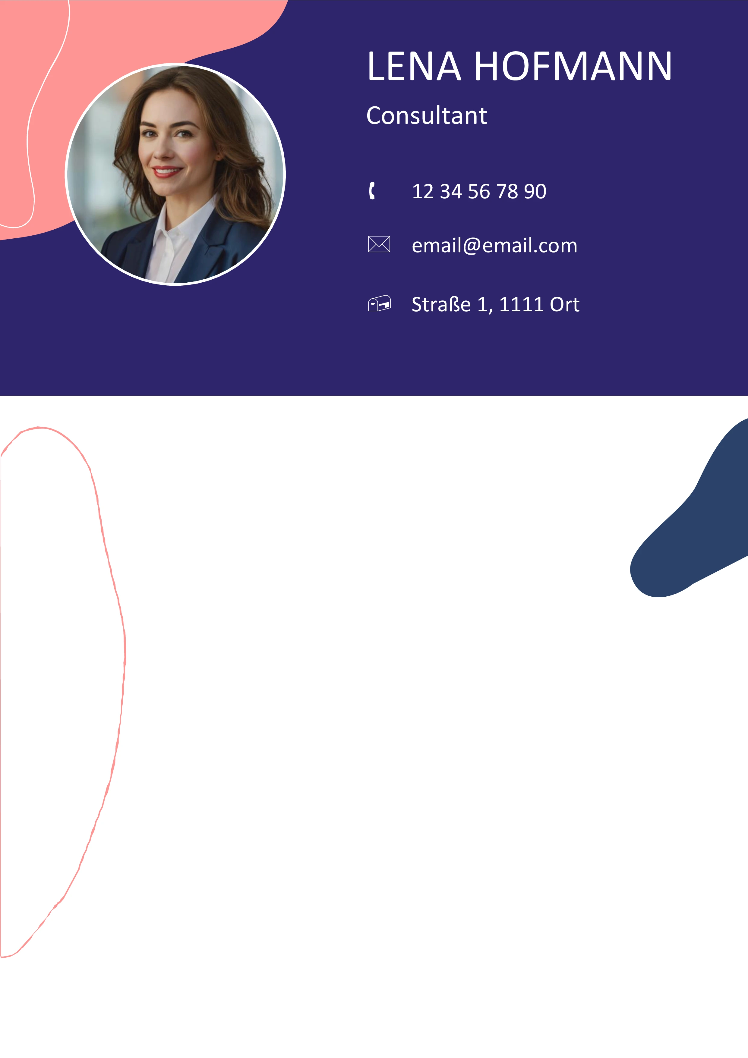 Deckblatt-Bewerbungsvorlage mit dynamischer Farbkombination aus Dunkelblau und Rosa, seitlich positioniertem Profilbild und moderner Typografie – optimal für eine Bewerbung als Consultant.