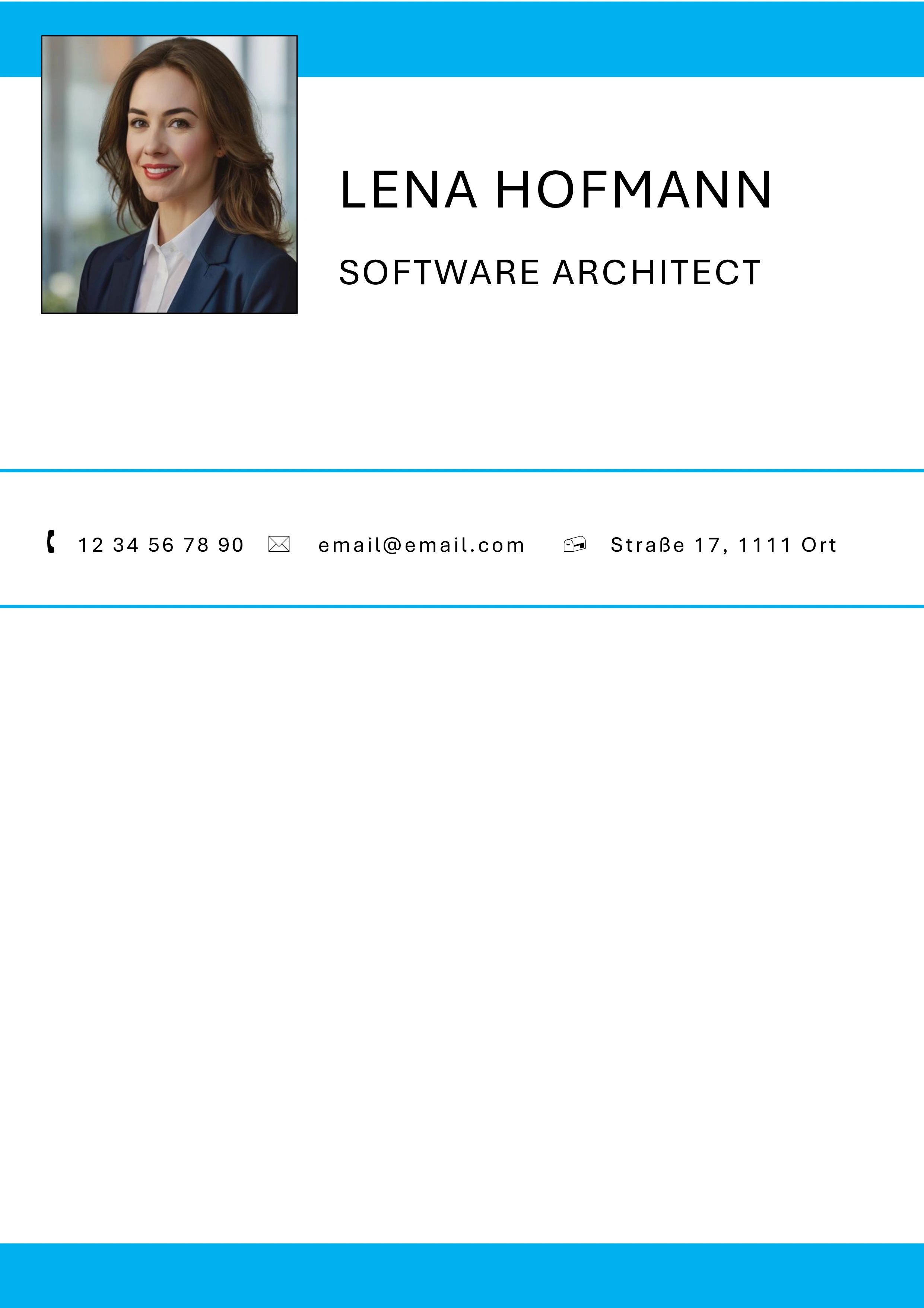 Technisch-modernes Deckblatt-Bewerbungsvorlage mit klarem türkisblauen Rahmendesign, quadratischem Profilbild und optimaler Platzierung der Berufsbezeichnung "Software Architect" – ideal für IT-Führungspositionen und technische Expertenrollen, die Klarheit, Struktur und moderne Gestaltung ohne Ablenkungen in ihrer Bewerbung bevorzugen.