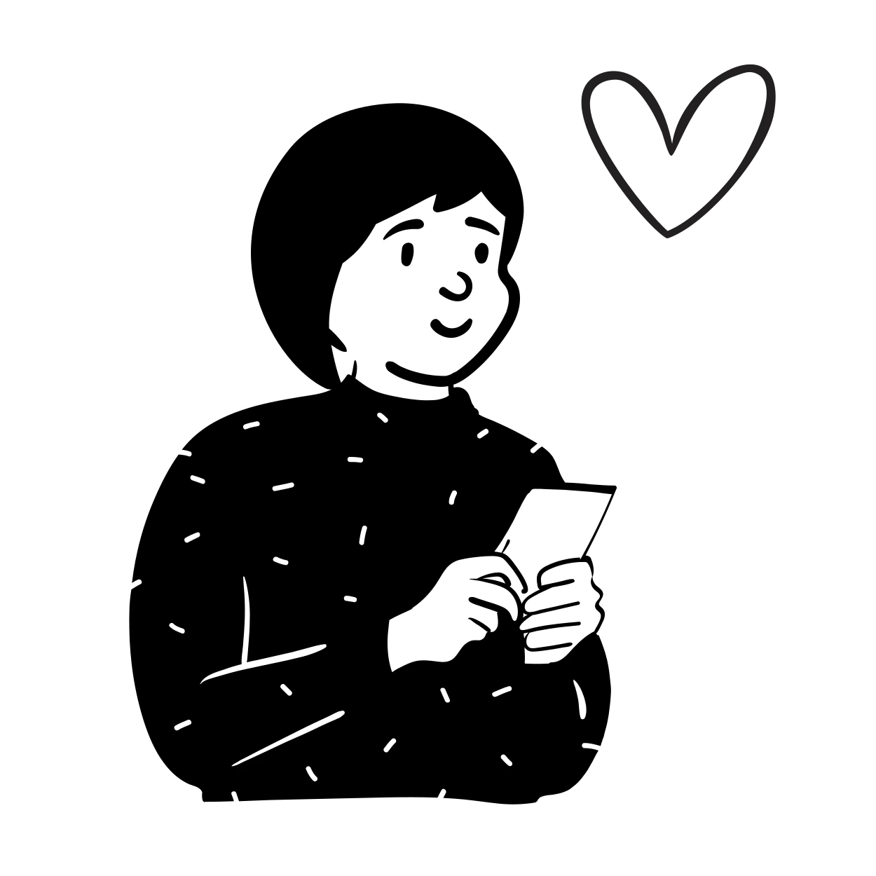 Gezeichnete Person mit Smartphone und Herzgrafik - Illustration zum Artikel 'Mit Herz und Strategie: Wie OBI Talente begeistert' - Digitale Kommunikation im Personalmanagement