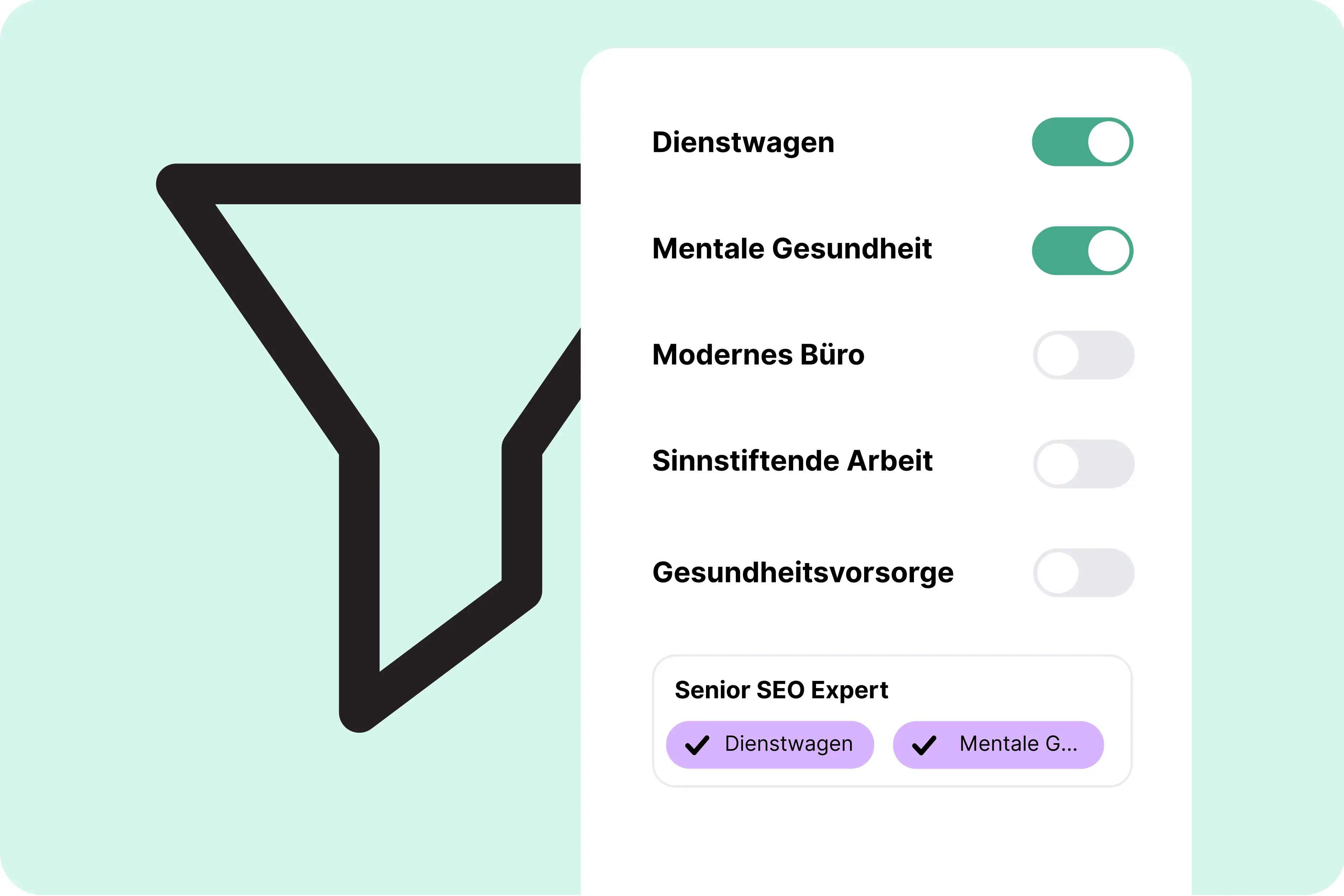 Nejo intelligente Job-Filter Interface - Personalisierte Stellensuche mit Filtern für Dienstwagen, mentale Gesundheit, modernes Büro und sinnstiftende Arbeit für smarte Suchergebnisse