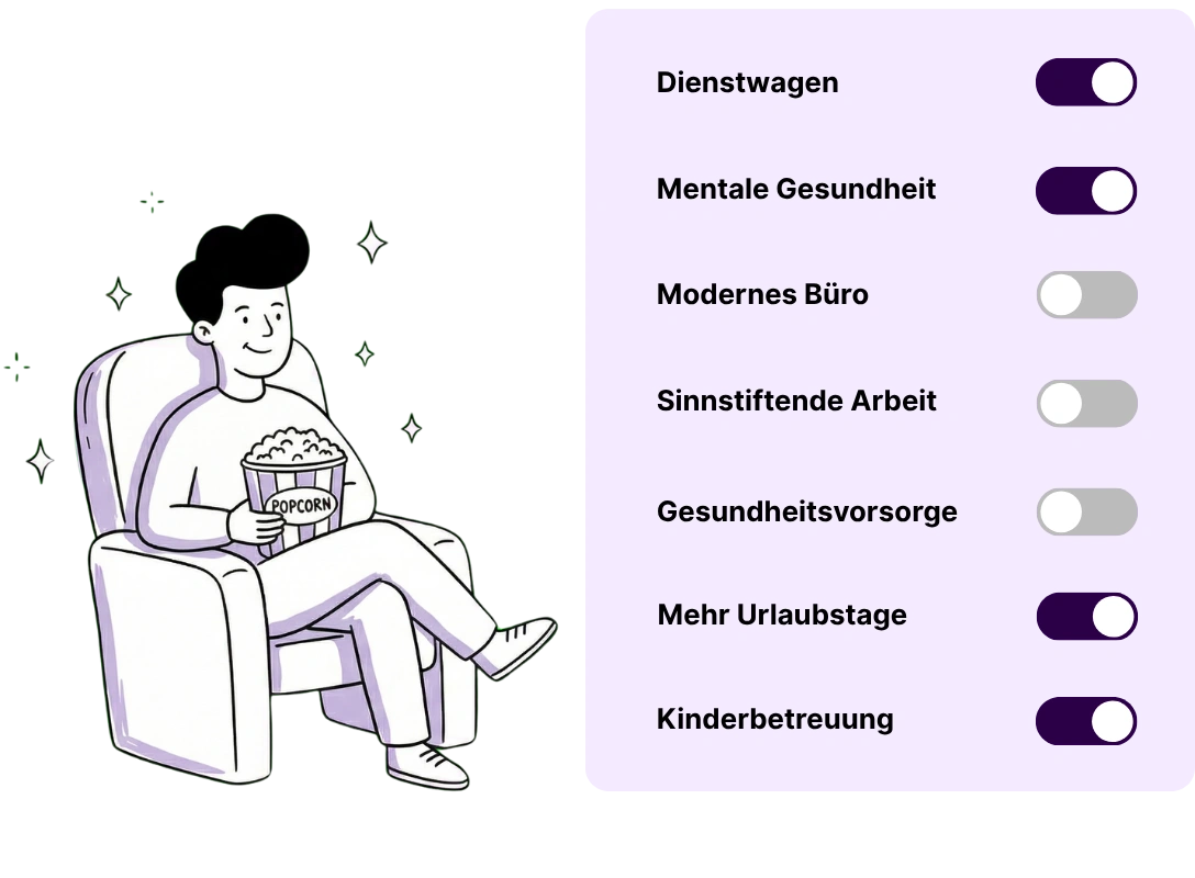 Nejo filtert Jobs nach deinen persönlichen Kriterien wie Familienfreundlichkeit und Dienstwagen